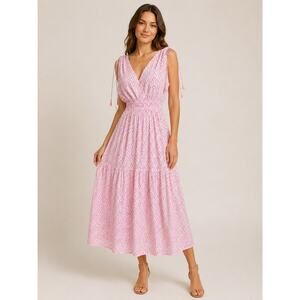 Mer St Barth Pink Resort Midi Dress Smocked Waist Tassel Tie Large Boho